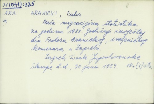 Naša migracijona statistika za godinu 1928. : godišnji izvještaj dra Fedora Aranickog, iseljeničkog komesara u Zagrebu / Fedor Aranicki