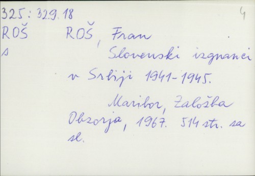 Slovenski izgnanci v Srbiji 1941.-1945. / Fran Roš ; Opremil: Uroš Vagaja.