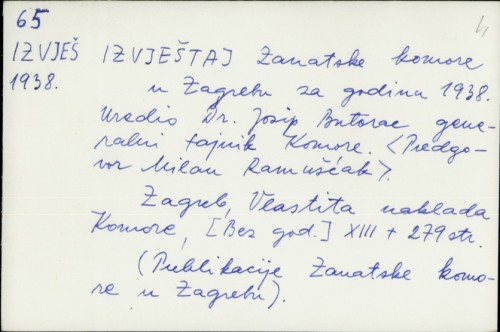 Izvještaj Zanatske komore u Zagrebu za godinu 1938. /