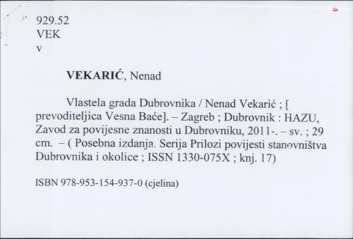Vlastela grada Dubrovnika / Nenad Vekarić.