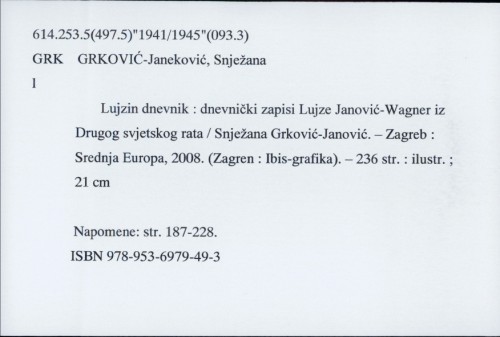 Lujzin dnevnik : dnevnički zapisi Lujze Janović-Wagner iz Drugog svjetskog rata / Snježana Grković-Janeković