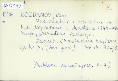 Nacionalni i socijalni sukobi Vojvođana i Mađara 1848-49 / Vaso Bogdanov