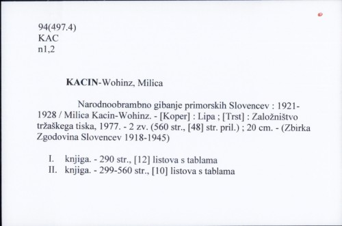 Narodnoobrambno gibanje primorskih Slovencev : 1921-1928 / Milica Kacin-Wohinz.
