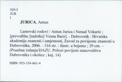 Lastovski rodovi / Antun Jurica i Nenad Vekarić ; [prevodilac [sažetka] Vesna Baće].