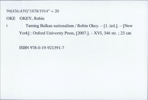 Taming Balkan nationalism / Robin Okey.