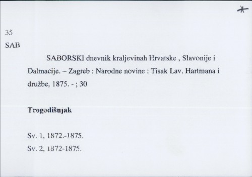 Saborski dnevnik kraljevinah Hrvatske, Slavonije i Dalmacije /
