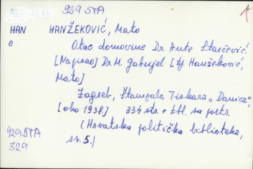 Otac domovine dr. Ante Starčević / Mato Hanžeković