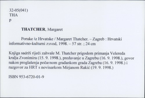 Poruke iz Hrvatske / Margaret Thatcher.
