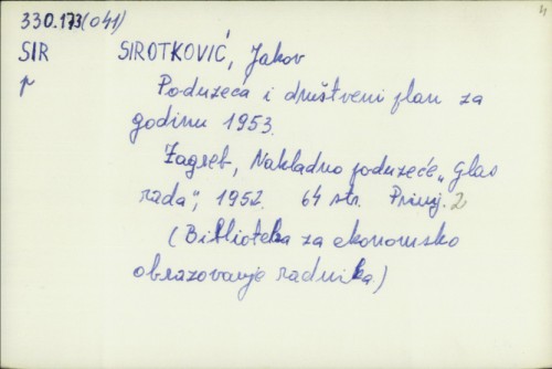 Poduzeća i društveni plan za godinu 1953. / Jakov Sirotković.