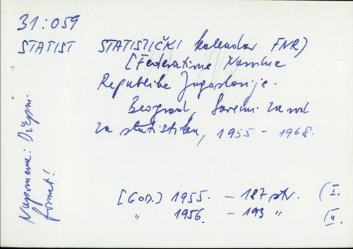 Statistički kalendar FNRJ (Federativne Narodne Republike Jugoslavije) /