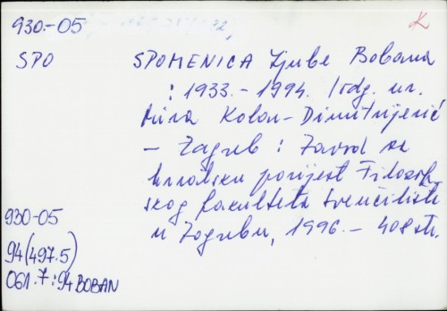 Spomenica Ljube Bobana : 1933.-1994. /