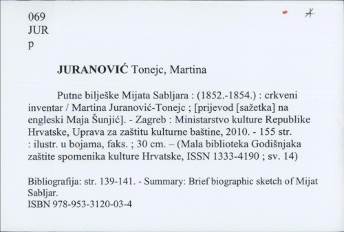 Putne bilješke Mijata Sabljara : (1852.-1854.) : crkveni inventar / Martina Juranović Tonejc