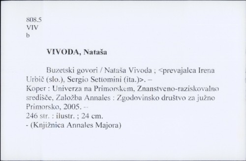 Buzetski govori / Nataša Vivoda / Prev. Irena Urbič i Sergio Settomini