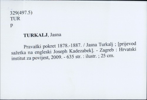 Pravaški pokret 1878.-1887. / Jasna Turkalj ; [prijevod sažetka na engleski Joseph Kadezabek].