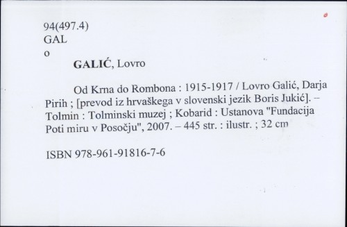 Od Krna do Rombona : 1915-1917 / Lovro Galić