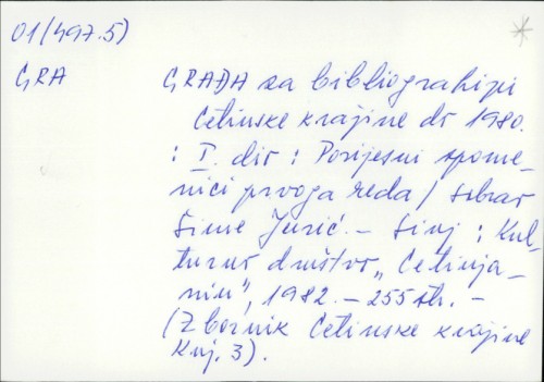 Građa za bibliografiju Cetinske krajine do 1980. : I. dio : Povijesni spomenici prvoga reda / sabrao Šime Jurić