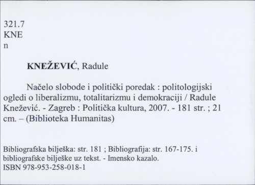 Načelo slobode i politički poredak : politologijski ogledi o liberalizmu, totalitarizmu i demokraciji / Radule Knežević.
