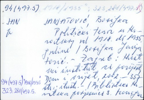 Politički teror u Hrvatskoj : 1918. - 1935. / Bosiljka Janjatović.