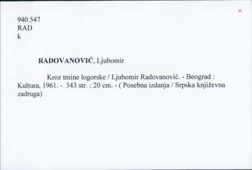 Kroz tmine logorske / Ljubomir Radovanović.