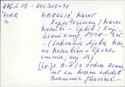 Repertorium : Marci Maruli / e codice Romano in lucem edidit Branimir Glavičić.