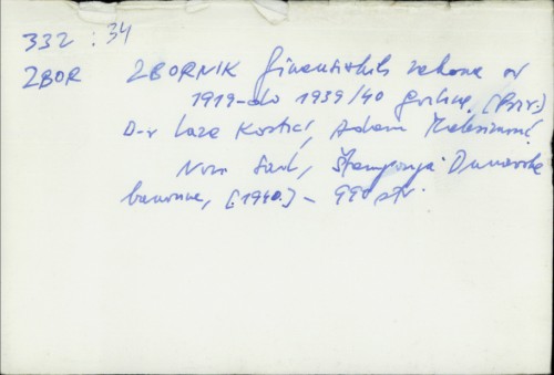 Zbornik finansiskih zakona od 1919 do 1939/40 godine / Laza Kostić, Adam Maksimović.