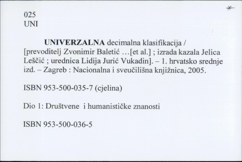 Univerzalna decimalna klasifikacija / [izrada kazala Jelica Leščić].