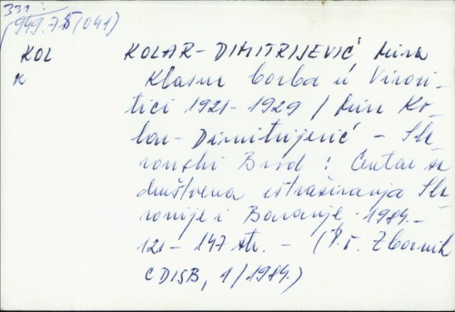 Klasna borba u Virovitici 1921-1929. / Mira Kolar-Dimitrijević
